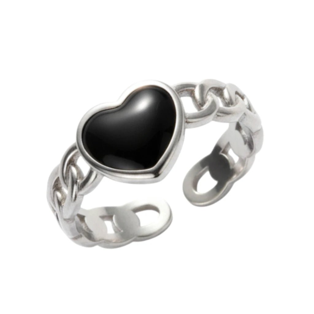 Verstelbare RVS Ring met Zwart Emaille Hartje - Zilverkleur (8 mm) -