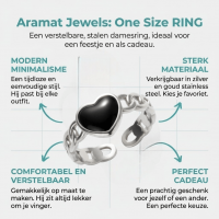 Verstelbare RVS Ring met Zwart Emaille Hartje - Zilverkleur (8 mm) -