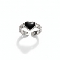 Verstelbare RVS Ring met Zwart Emaille Hartje - Zilverkleur (8 mm) -