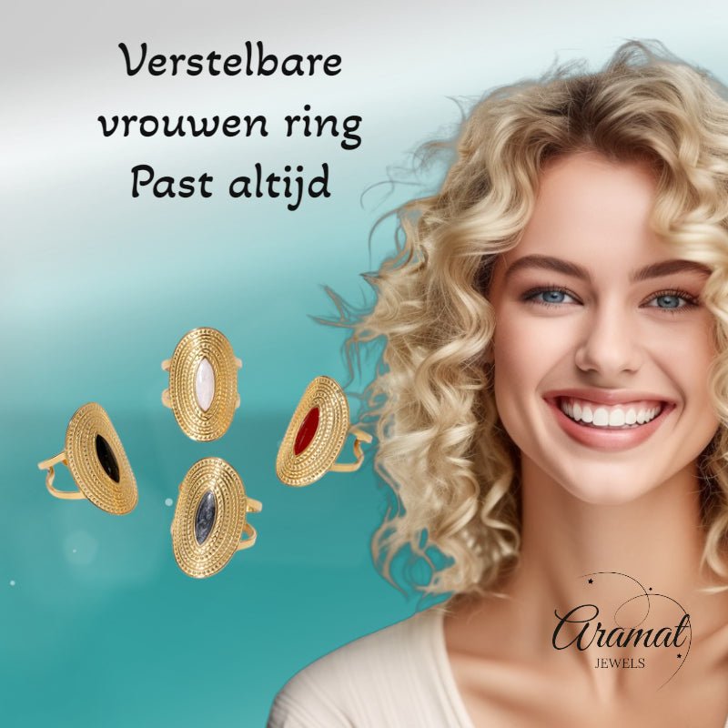 Grote Verstelbare RVS Ring Ovaal met Emaille - 28 mm - Zwart -