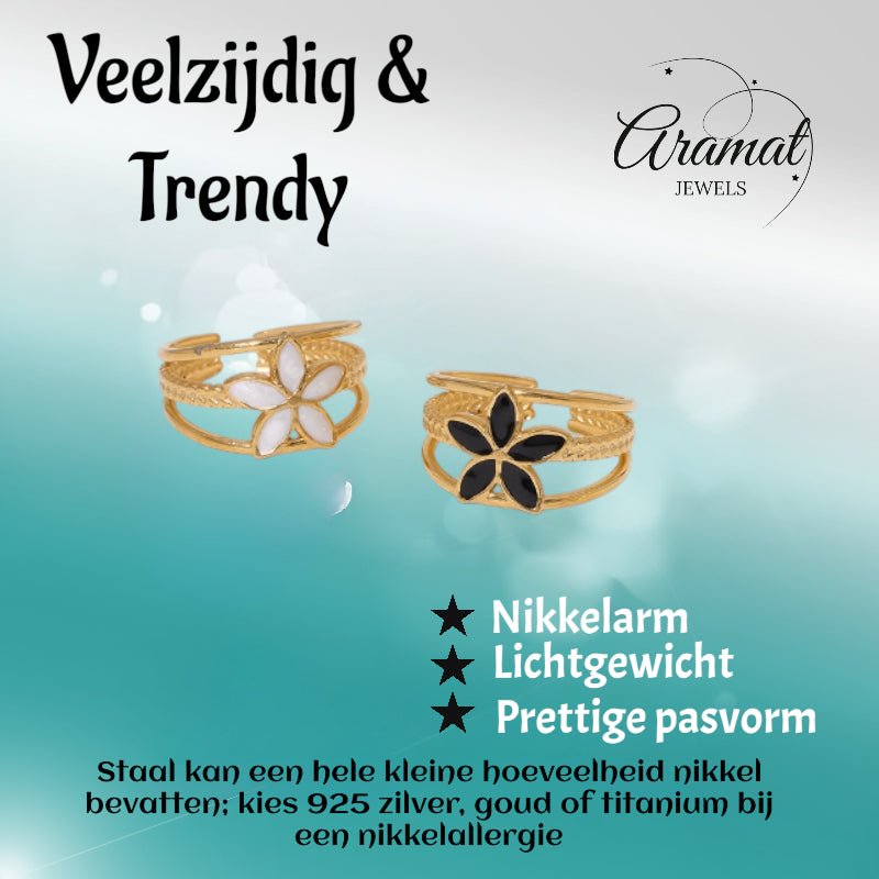 Goudkleurige Verstelbare Ring met Emaille Bloem - Triple Design (12 mm) - Zwart -