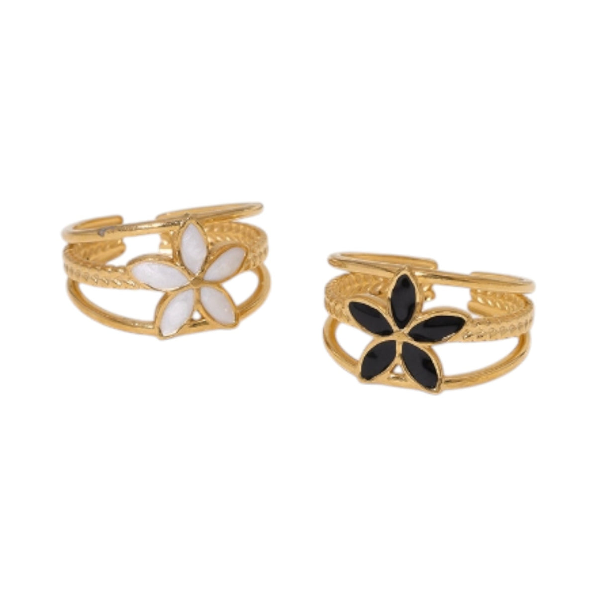 Goudkleurige Verstelbare Ring met Emaille Bloem - Triple Design (12 mm) - Zwart -
