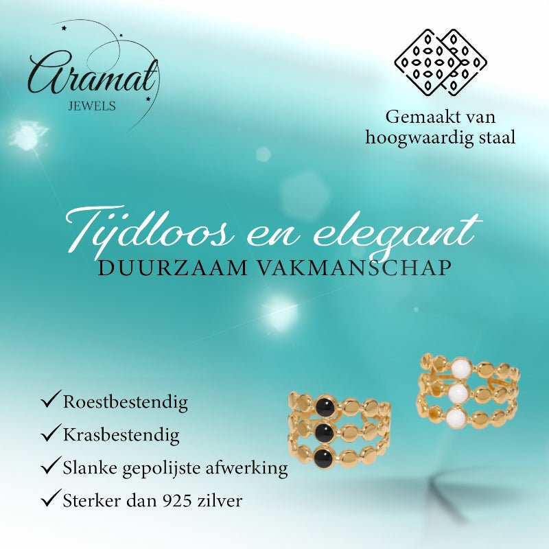 Brede Verstelbare Ring met 3 Emaille Cirkels - Goudkleurig RVS - Zwart -