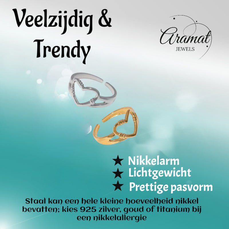 Verstelbare RVS Ring met Open Hartje (11 mm) - Zilverkleur -