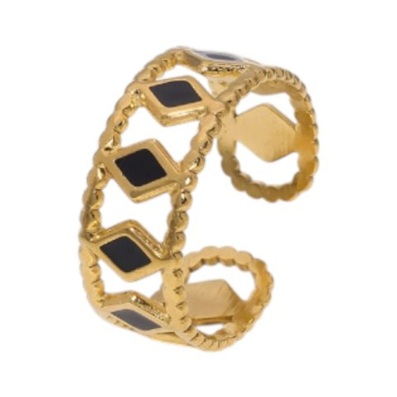Verstelbare RVS Ring Emaille Ruitjes - Goud met Wit of Zwart - Zwart -