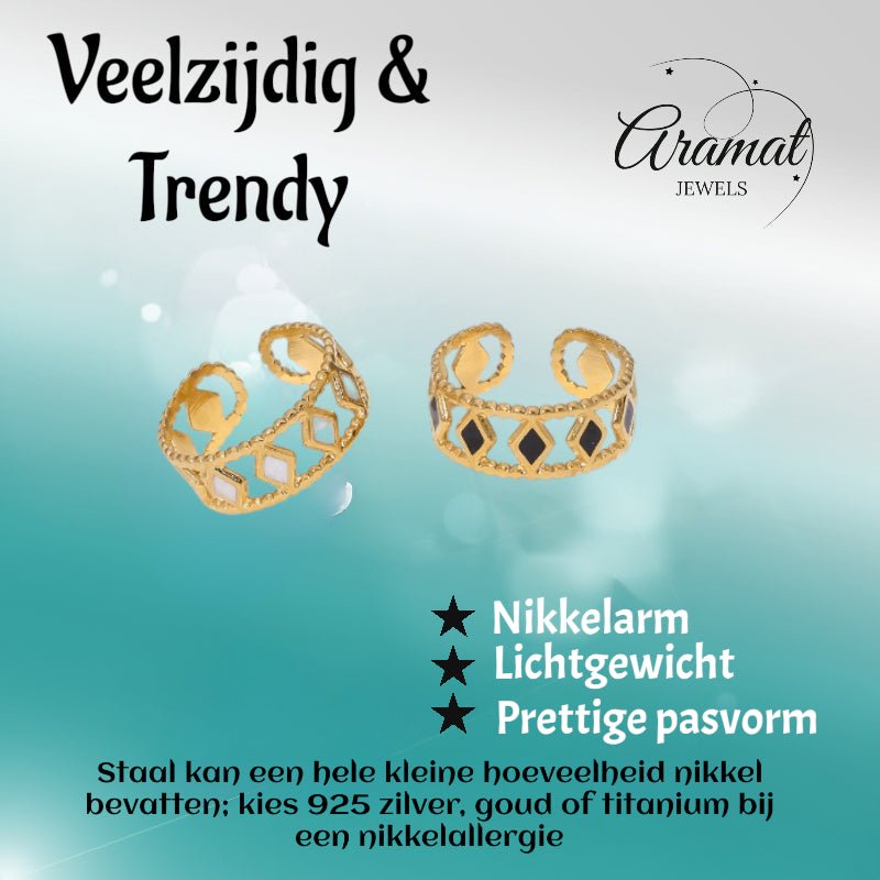 Verstelbare RVS Ring Emaille Ruitjes - Goud met Wit of Zwart - Zwart -