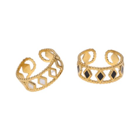 Verstelbare RVS Ring Emaille Ruitjes - Goud met Wit of Zwart - Zwart -