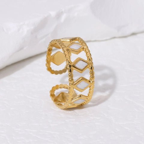Verstelbare RVS Ring Emaille Ruitjes - Goud met Wit of Zwart - Zwart -