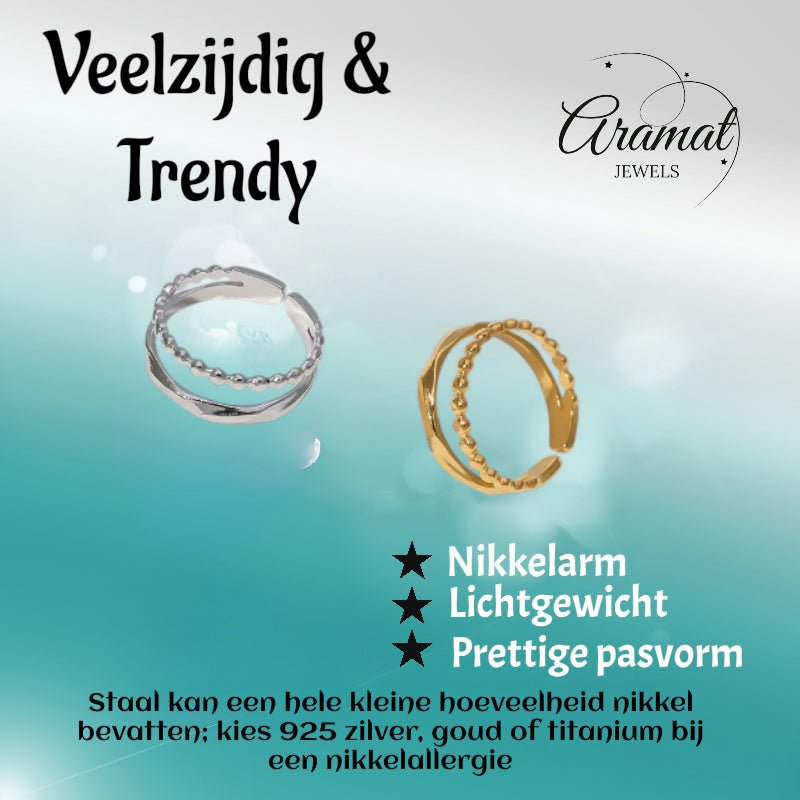 Open Ring RVS met Dot en Gehamerde Lijn (7 mm) - Zilverkleur -