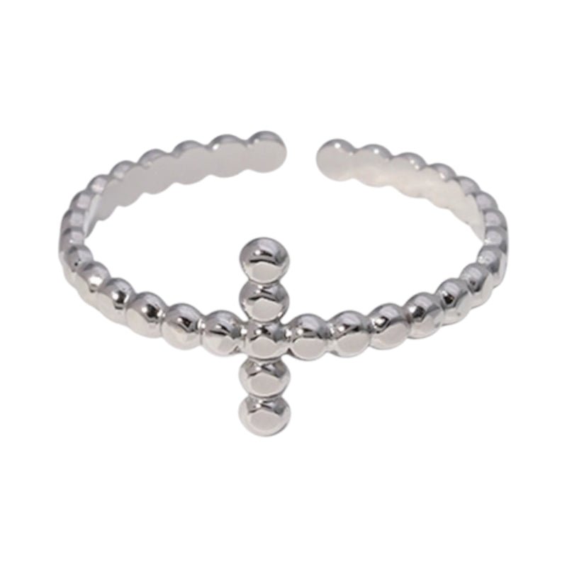Open Ring RVS met Bolletjesmotief en Kruisje (10 mm) - Zilverkleur -