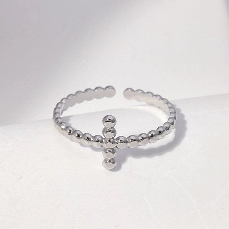 Open Ring RVS met Bolletjesmotief en Kruisje (10 mm) - Zilverkleur -