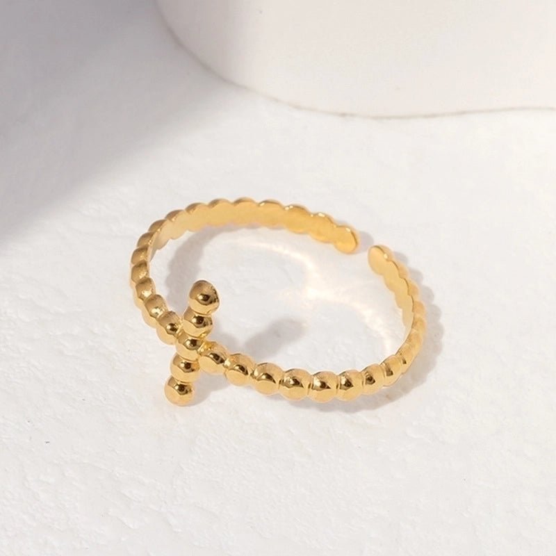 Open Ring RVS met Bolletjesmotief en Kruisje (10 mm) - Zilverkleur -
