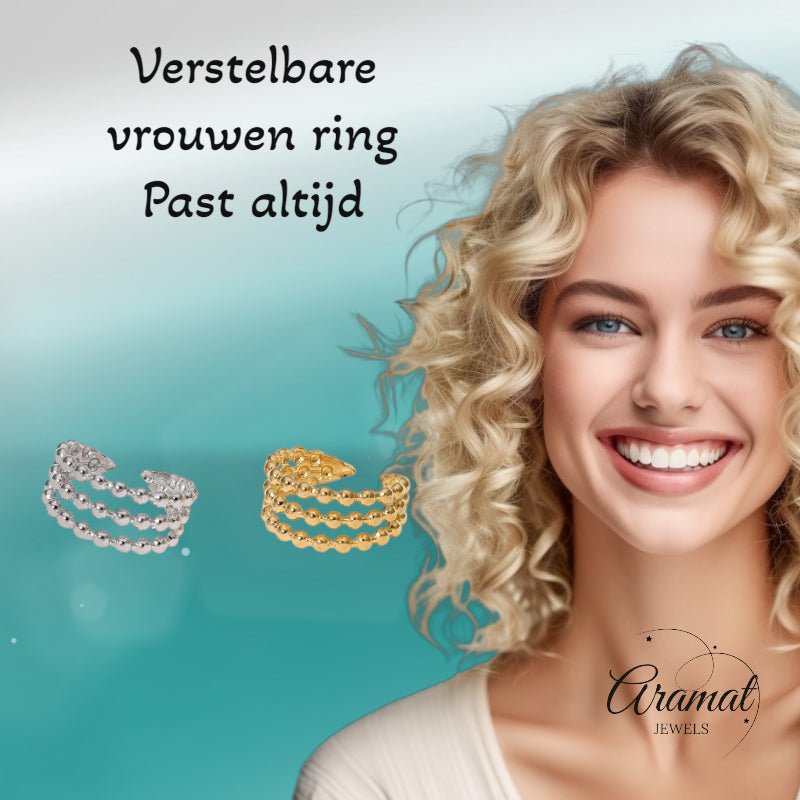 Open Ring RVS met Drie Bolletjeslijnen (10 mm) - Zilverkleur -