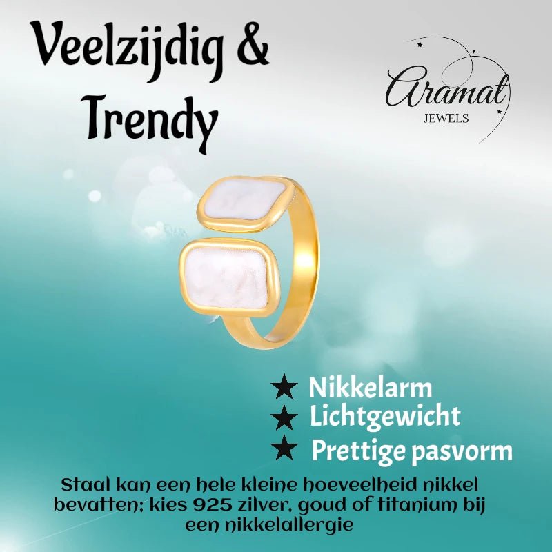 Open Ring RVS 2 Rechthoeken Emaille - 13mm - Parel Wit - Wit -