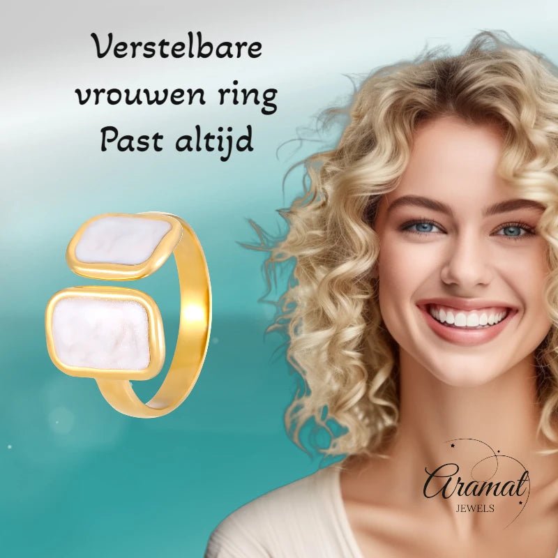 Open Ring RVS 2 Rechthoeken Emaille - 13mm - Parel Wit - Wit -