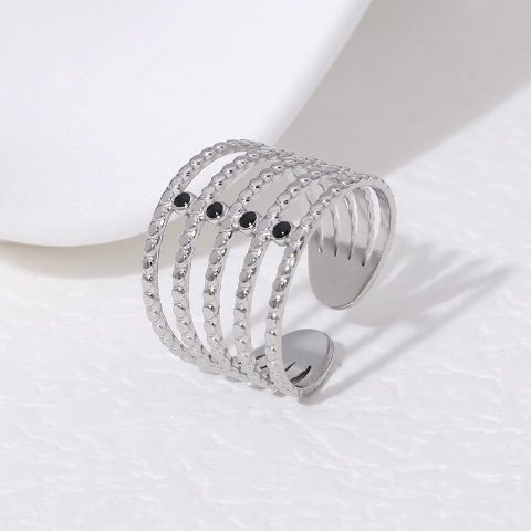 Brede Open Ring RVS met Bolletjesmotief en 5 Emaille Puntjes (16 mm) - Goudkleur -