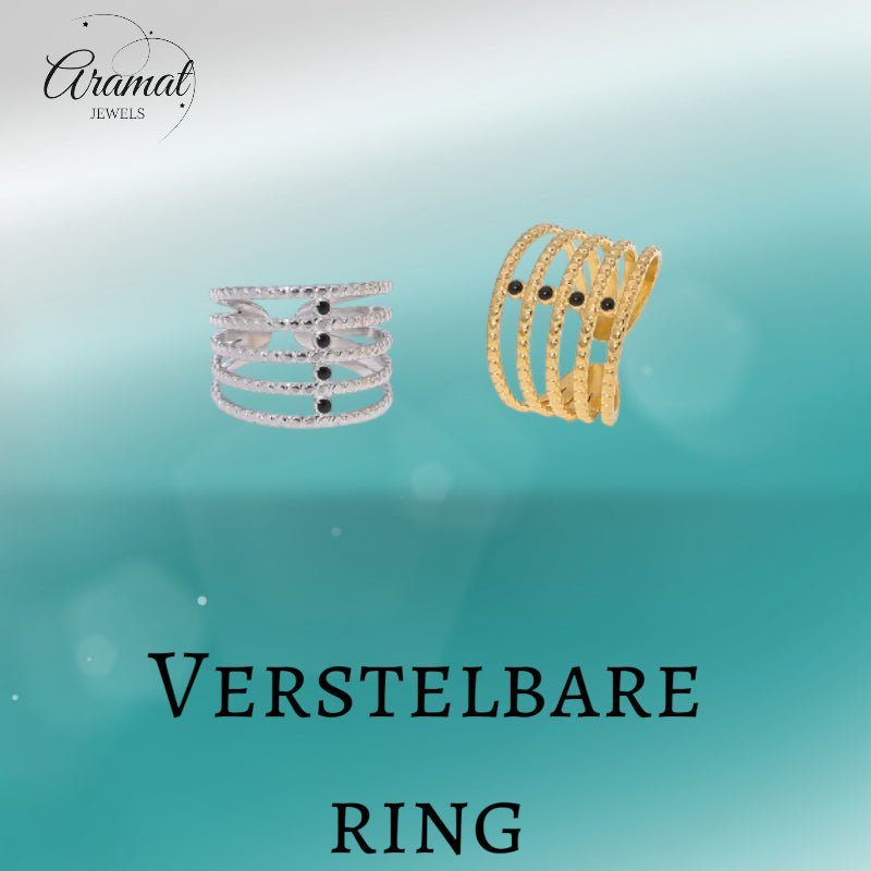Brede Open Ring RVS met Bolletjesmotief en 5 Emaille Puntjes (16 mm) - Goudkleur -