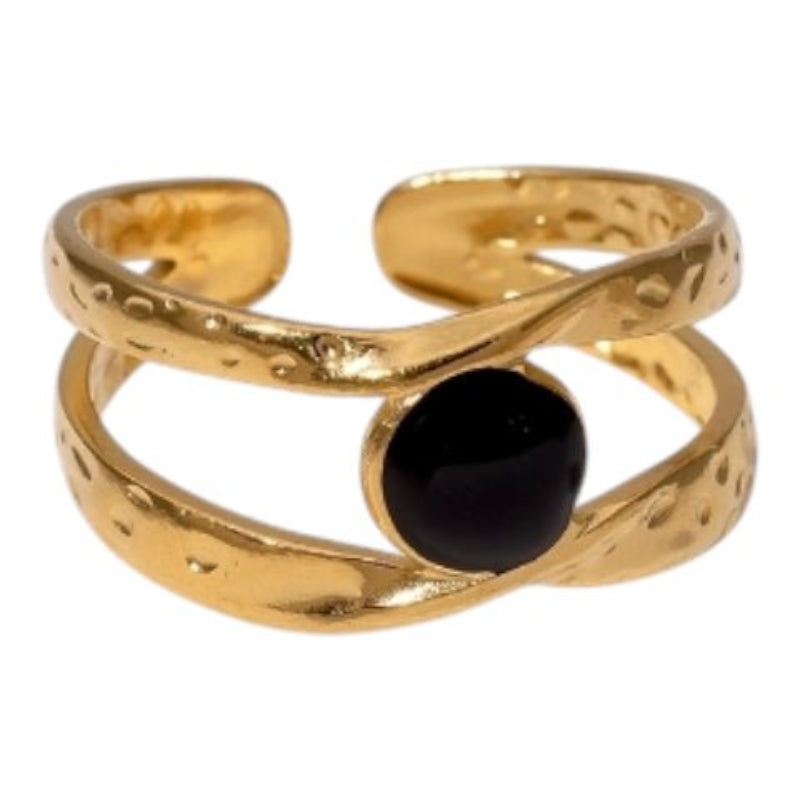 Open Ring RVS met Gehamerd Motief en Emaille Cirkel (9,5 mm) - Zwart -