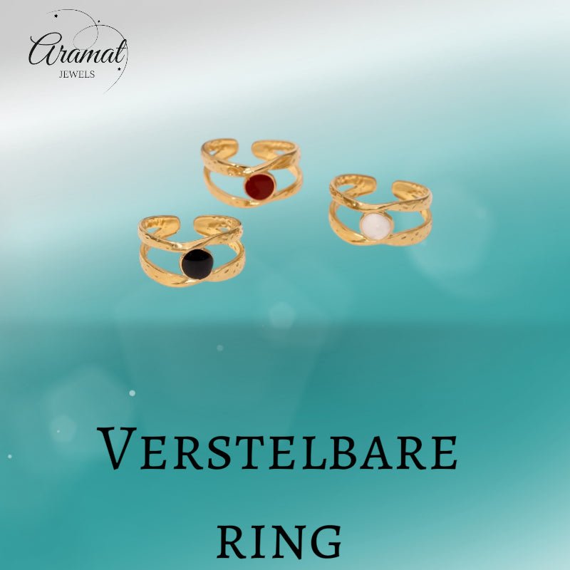 Open Ring RVS met Gehamerd Motief en Emaille Cirkel (9,5 mm) - Zwart -