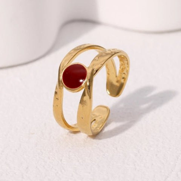 Open Ring RVS met Gehamerd Motief en Emaille Cirkel (9,5 mm) - Zwart -