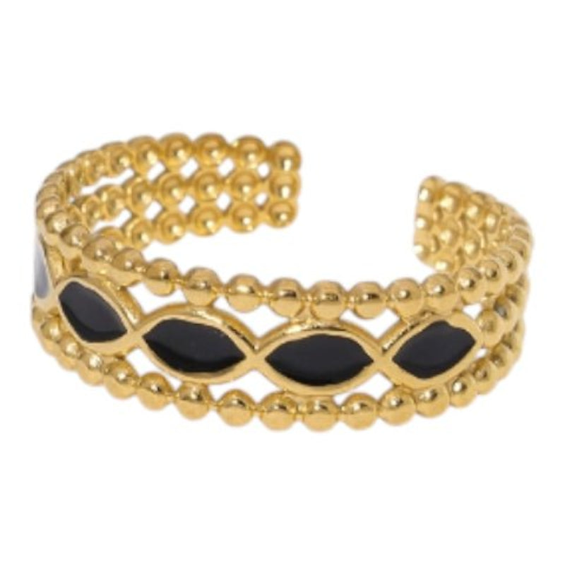 Open Ring RVS met Bolletjes Motief en Emaille Eclips (7 mm) - Zwart -