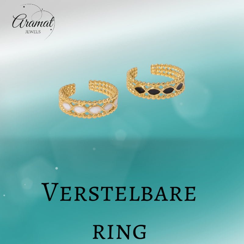 Open Ring RVS met Bolletjes Motief en Emaille Eclips (7 mm) - Zwart -