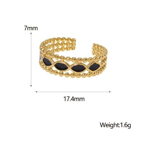 Open Ring RVS met Bolletjes Motief en Emaille Eclips (7 mm) - Zwart -