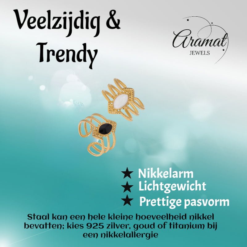 Open Ring RVS met Druppel Emaille en Gedraaide Banden (15 mm) - Zwart -