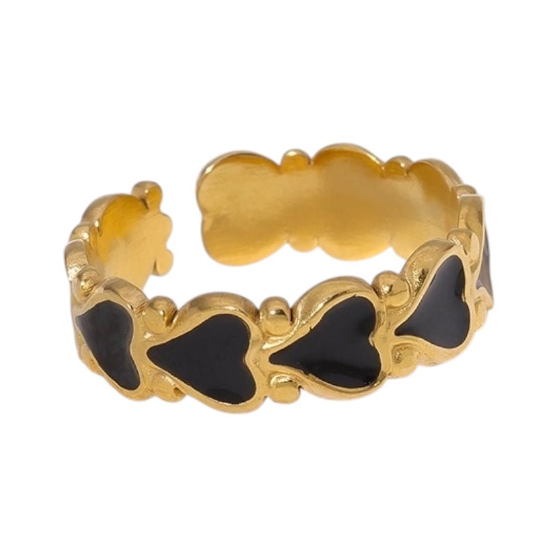 Open Ring RVS met Hartjes Motief en Emaille (6 mm) - Zwart -