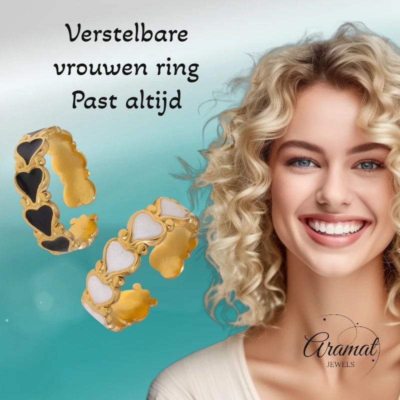 Open Ring RVS met Hartjes Motief en Emaille (6 mm) - Zwart -