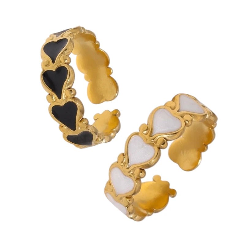 Open Ring RVS met Hartjes Motief en Emaille (6 mm) - Zwart -
