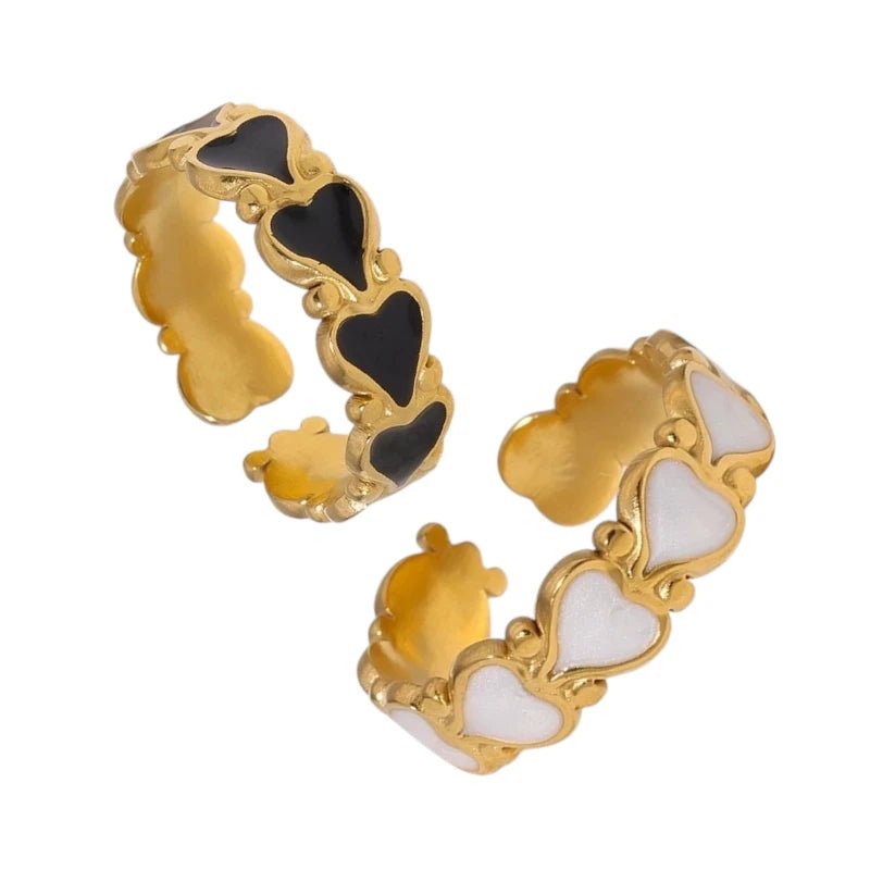 Open Ring RVS met Hartjes Motief en Emaille (6 mm) - Zwart -