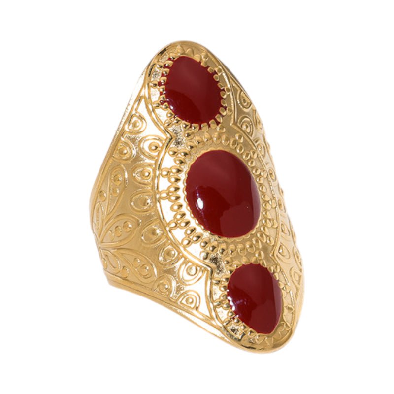 Statement Ring RVS met Drie Ovale Emaille Vullingen (45 mm Lang) - Rood -