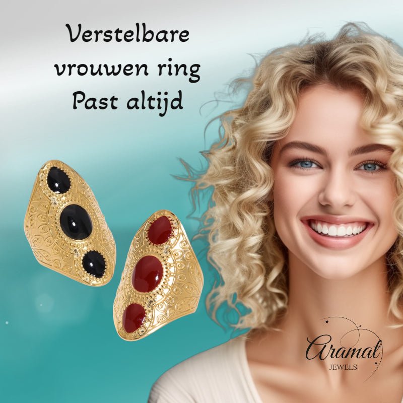 Statement Ring RVS met Drie Ovale Emaille Vullingen (45 mm Lang) - Rood -