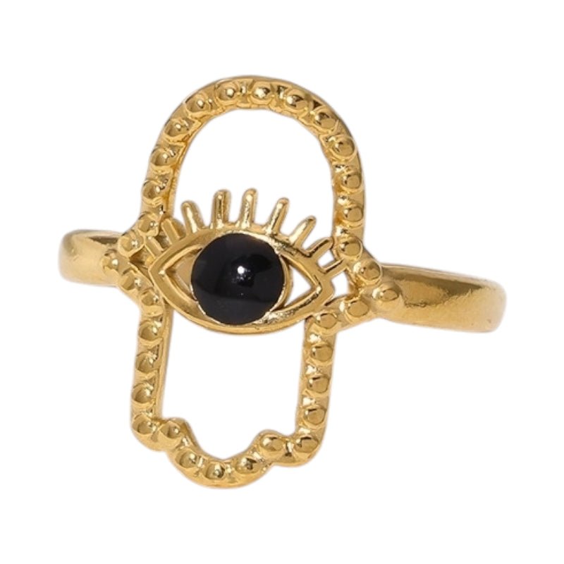 Open Ring RVS Hamsa Hand en Oog met Emaille (18 mm) - Zwart -