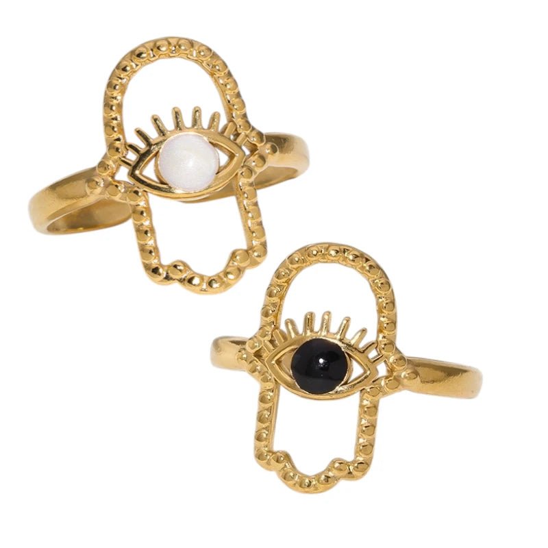 Open Ring RVS Hamsa Hand en Oog met Emaille (18 mm) - Zwart -