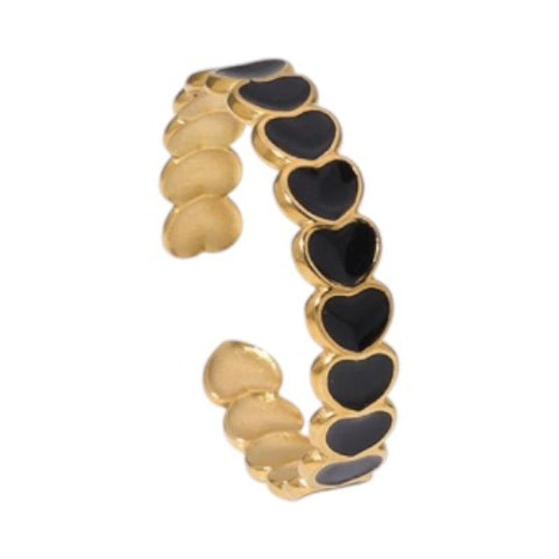 Open Ring RVS met Hartjes Schakel en Emaille (4,5 mm) - Zwart -