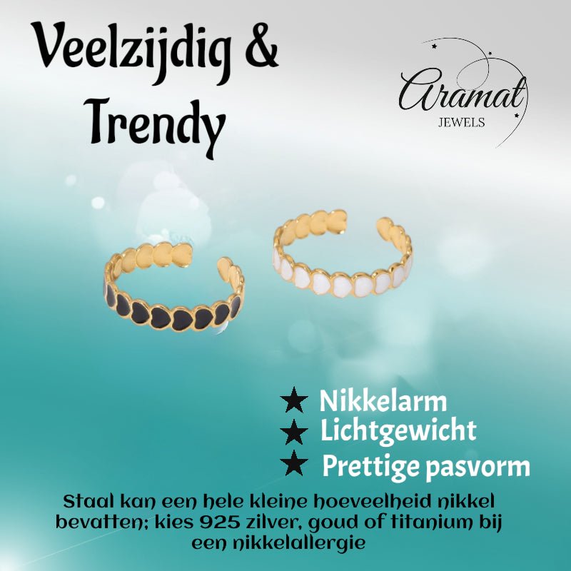 Open Ring RVS met Hartjes Schakel en Emaille (4,5 mm) - Zwart -
