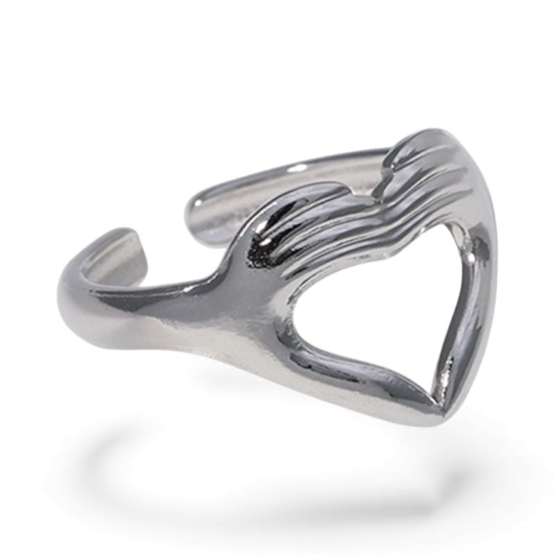 Open Ring RVS Hart met Handen Symbool (14 mm Breed) - Zilverkleur -