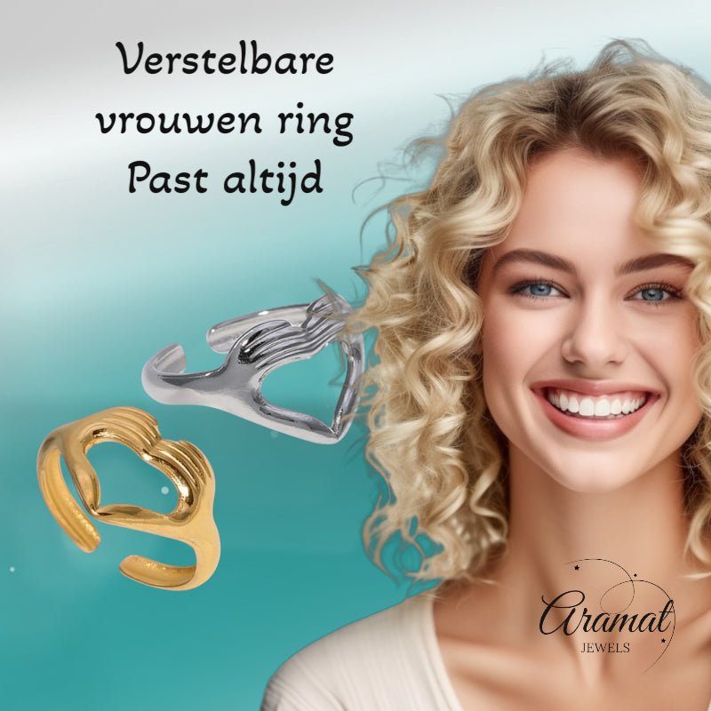 Open Ring RVS Hart met Handen Symbool (14 mm Breed) - Zilverkleur -