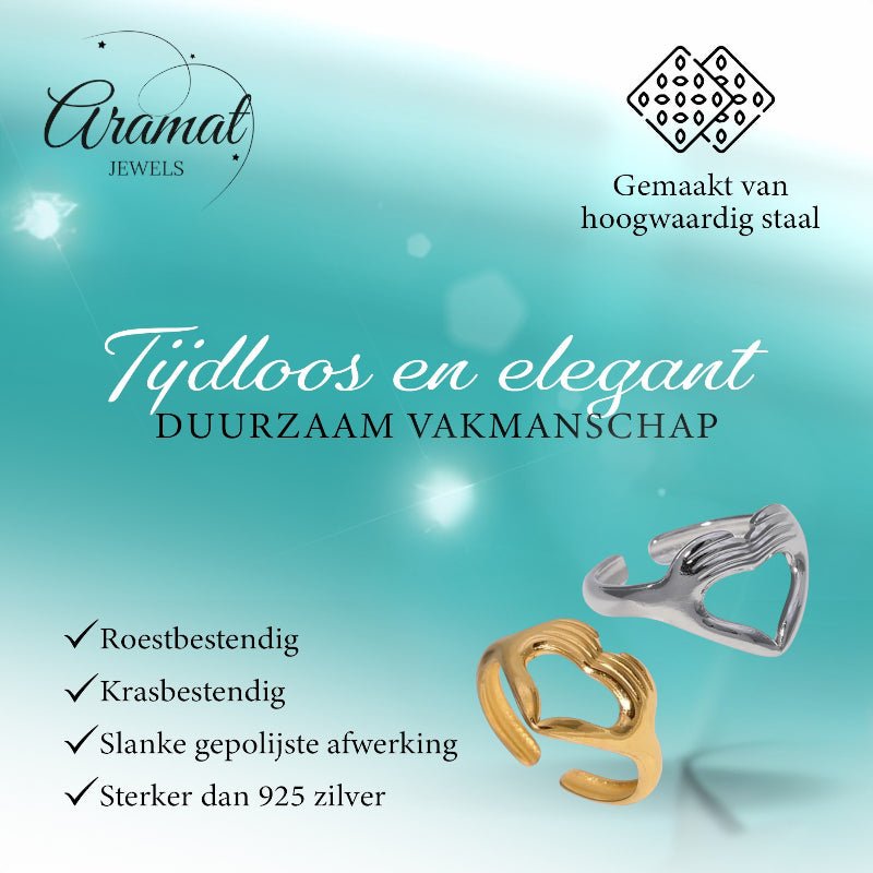 Open Ring RVS Hart met Handen Symbool (14 mm Breed) - Zilverkleur -