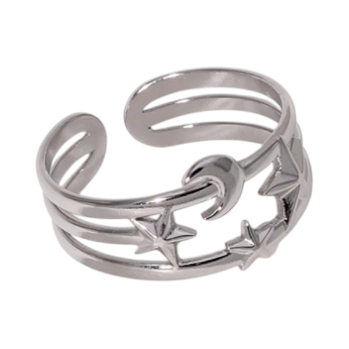 Open Ring RVS met Drie Sterren en Maan (9 mm) - Zilverkleur -