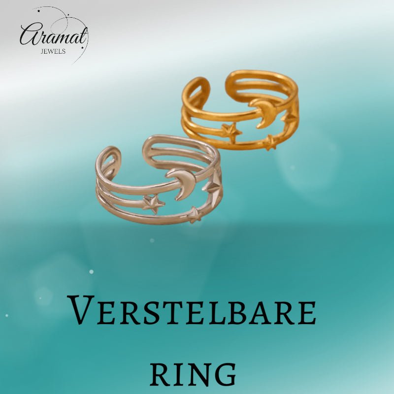 Open Ring RVS met Drie Sterren en Maan (9 mm) - Zilverkleur -