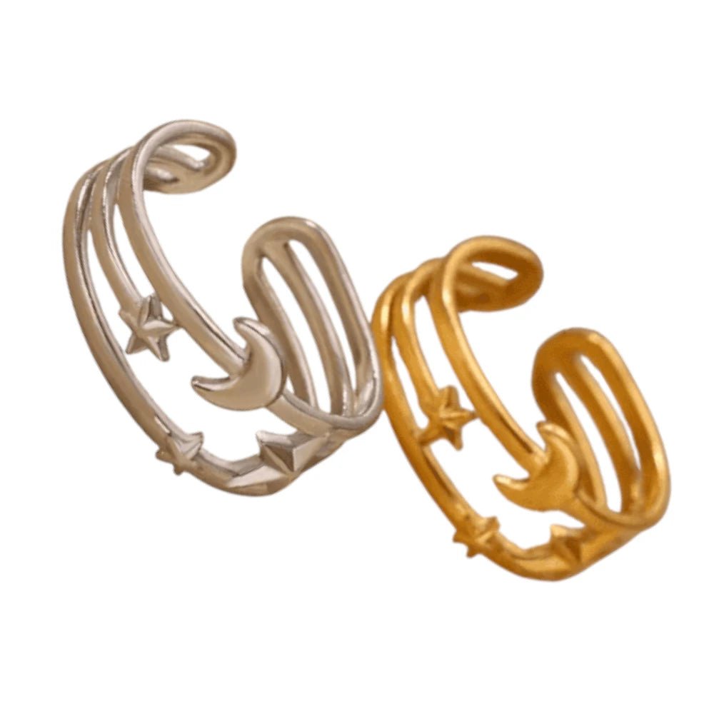 Open Ring RVS met Drie Sterren en Maan (9 mm) - Zilverkleur -