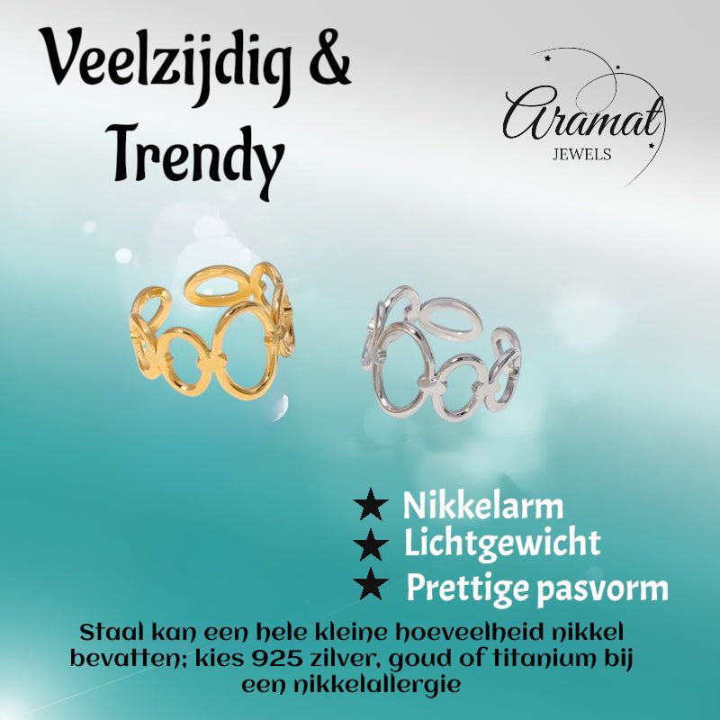 Open Ring RVS met Ovale Cirkelmotief (12 mm Breed) - Zilverkleur -