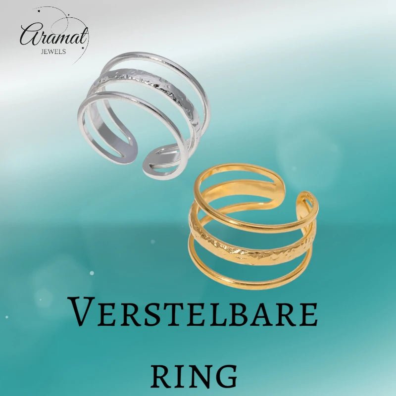 Open Ring Driedubbele Band: Glad en Gehamerd (15 mm RVS) - Zilverkleur -