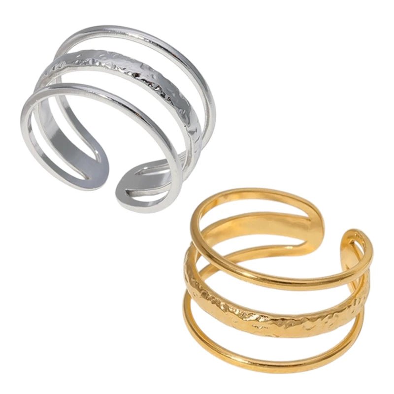 Open Ring Driedubbele Band: Glad en Gehamerd (15 mm RVS)