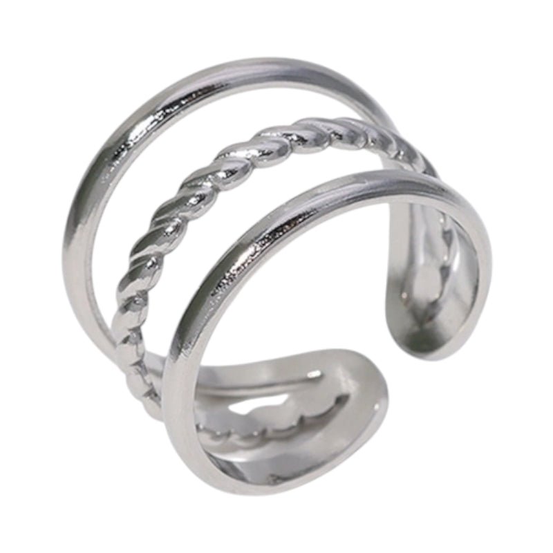 Open Ring Driedubbele Band: Glad en Gedraaid (15 mm Breed) - Zilverkleur -