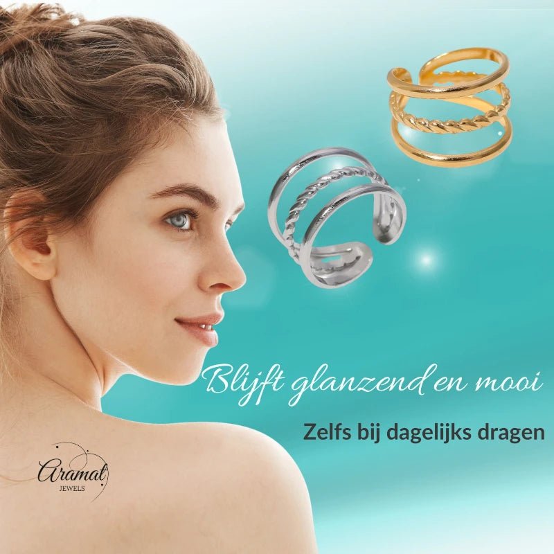 Open Ring Driedubbele Band: Glad en Gedraaid (15 mm Breed) - Zilverkleur -