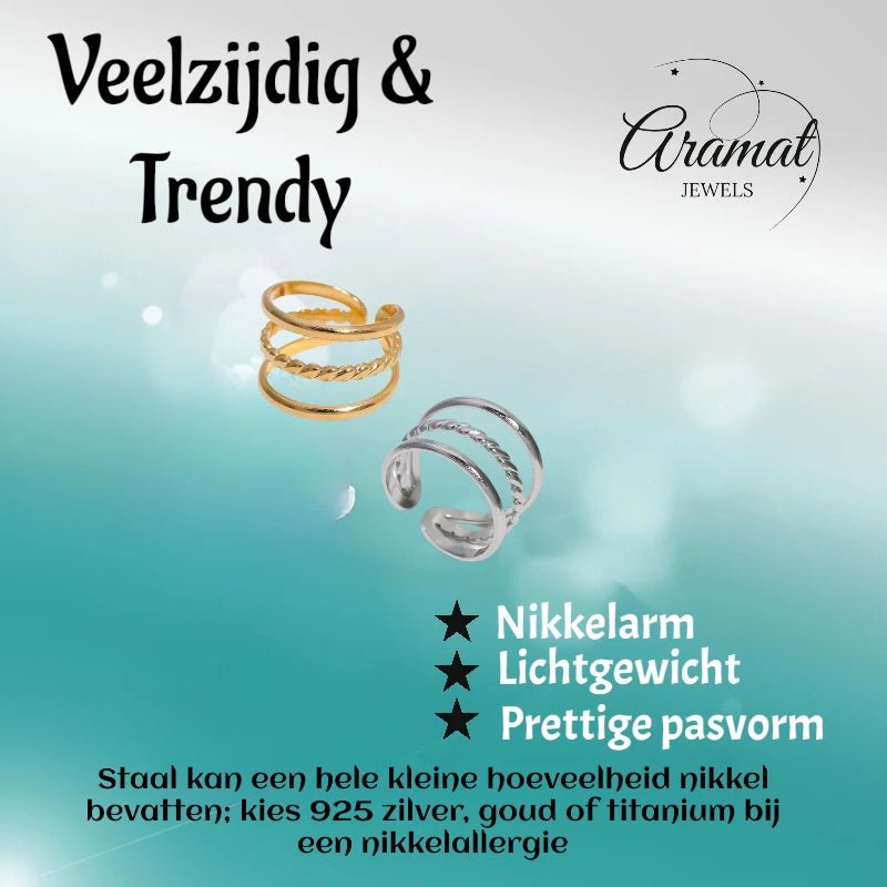 Open Ring Driedubbele Band: Glad en Gedraaid (15 mm Breed) - Zilverkleur -